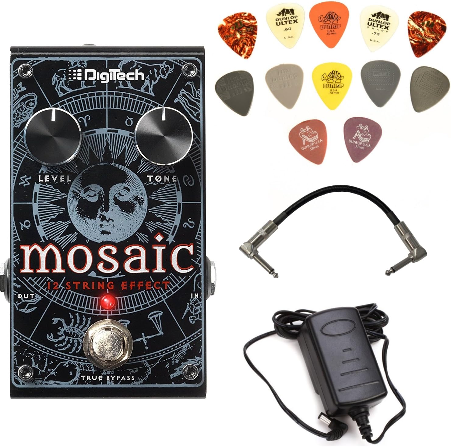 Digitech MOSAIC 12-String Effect Pedal Bundle with 9V Power Supply, Patch Cable, and Dunlop PVP101 Pick Pack