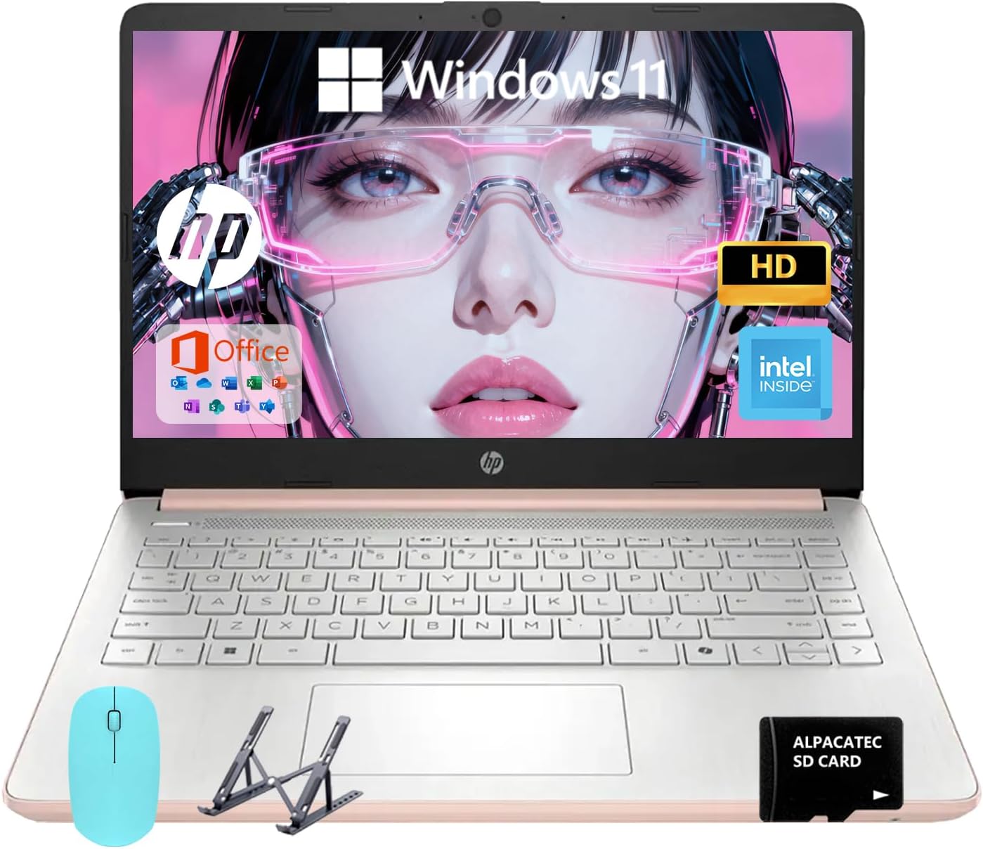 HP 14 Inch Laptop Student Business, Microsoft 365, Copilot AI, IntelN150, 16GB RAM, 1.1TB Storage(128GB UFS+1TB Cloud Storage), 11-Hr Long Battery Life, Pink Laptop, Alpacatec Accessories