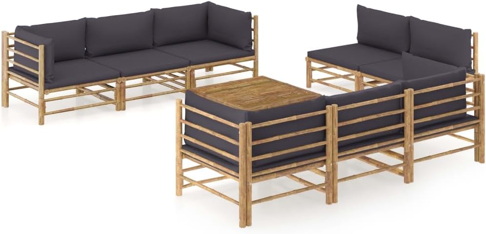 9 Piece Patio Lounge Set with Dark Gray Cushions Bamboo,Relaxing Bamboo Patio Lounge Set with Cushions for Outdoor Comfort Patio Furniture Sets, Outdoor Furniture Sets