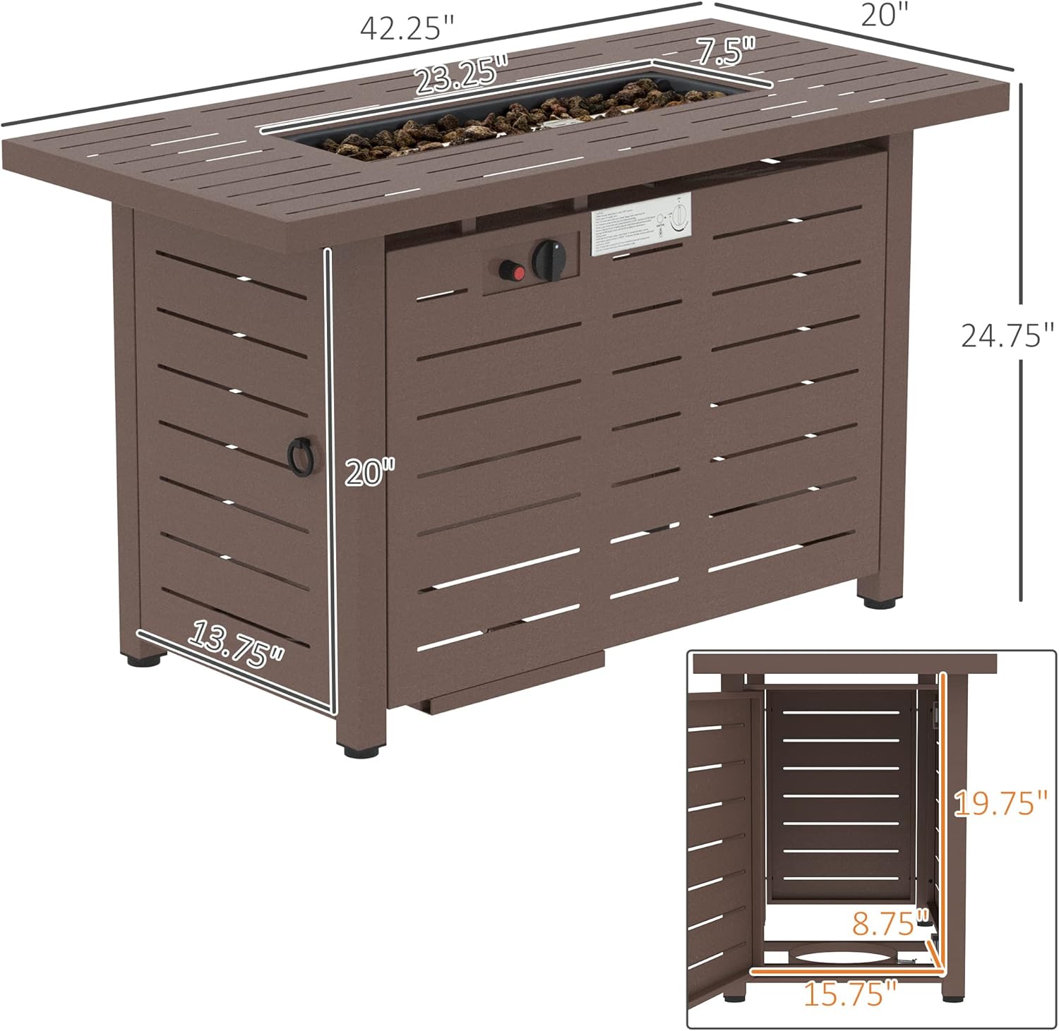 42 Inch Outdoor Propane Gas Fire Pit Table, 50,000 BTU Auto-Ignition Rectangular Gas Firepit with Slat Tabletop, Lid, Lava Rocks, Rain Cover, CSA Certification, Brown