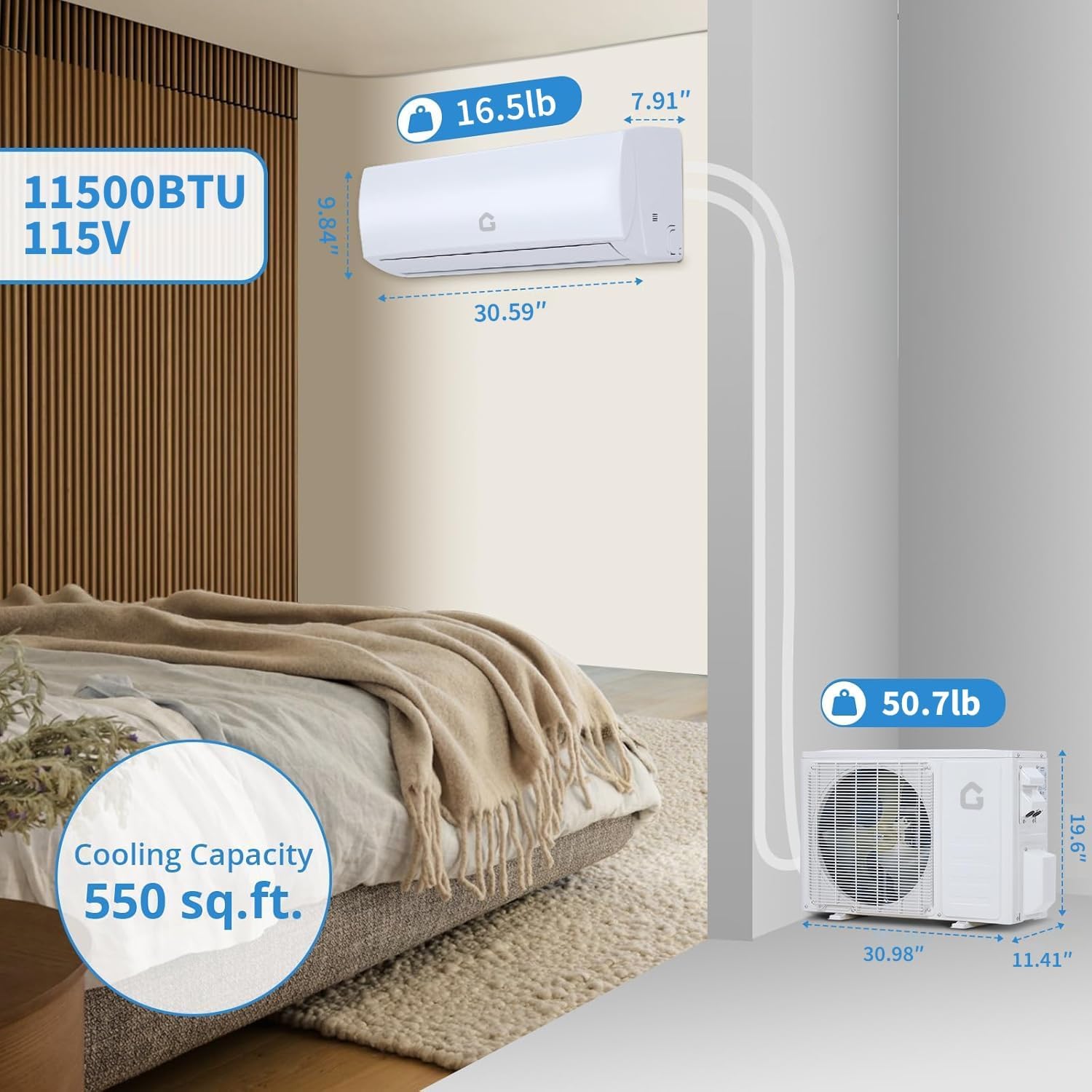 Garvee 11500 BTU Mini Split AC/Heating System, 230V WIFI Enabled Energy Efficient Mini Split Unit,Wall-Mounted Split Air Conditioner,Cools Up to 750 Sq.Ft, Heat Pump & Installation Kits