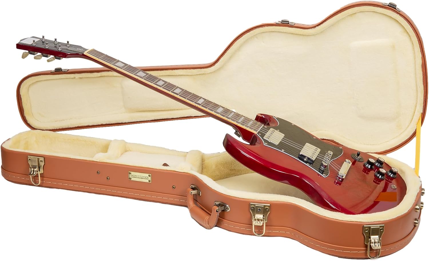 Crossrock Relief Series SG Guitar Case for Gibson SG Style Electric Guitars | Carved Red Wood Finish, Ivory Plush Interior, Lock (CRW630SGRO)