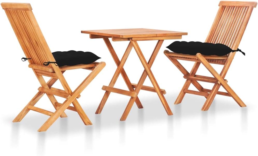 3 Piece Bistro Set with Black Cushions Solid Teak Wood,Teak Bistro Set: Durable and WeatherResistant for Garden and Patio Outdoor Furniture Sets, Patio Furniture