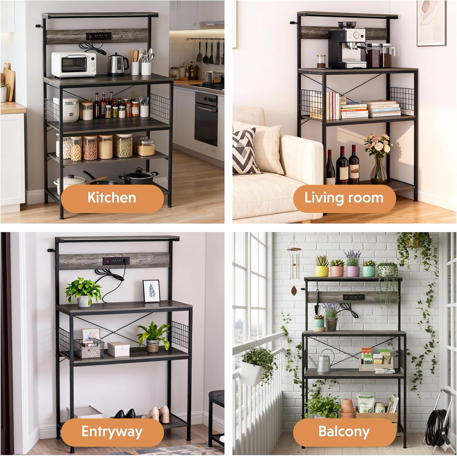 Simple Deluxe Kitchen Bakers Rack with Power Outlet, Coffee Bar Accessories Table, 4-Tier Adjustable Storage Shelf for Spices, Freestanding Appliance Organizer, 31.5 Inch, Gray