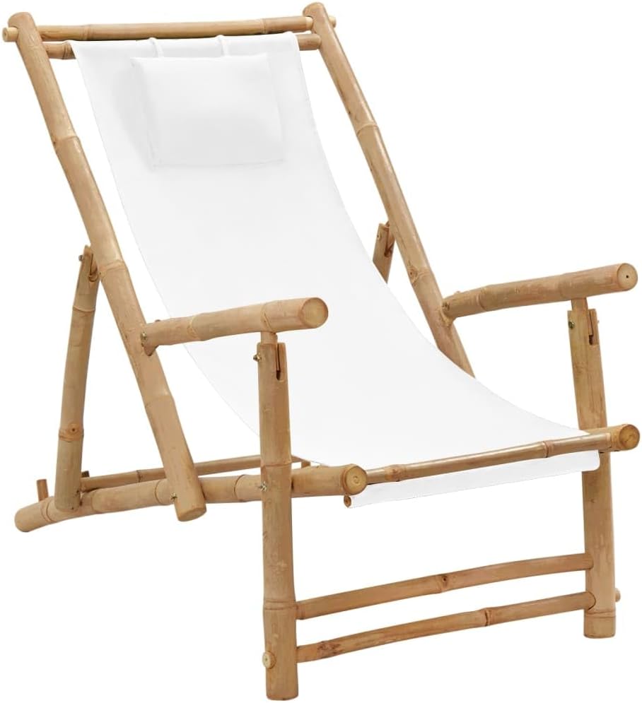 Deck Chair Bamboo and Canvas Cream White,Adjustable Bamboo Deck Chair with Armrests for Garden, Patio, and Terrace Outdoor Furniture, Outdoor Chairs, 1