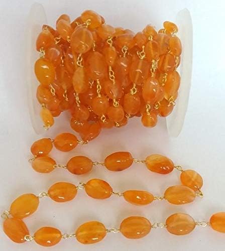 JEWELZ 10 feet natural carnelian smooth oval beaded chain - 24k gold plated wire wrapped chain - oval beaded chain - beads 6x8mm