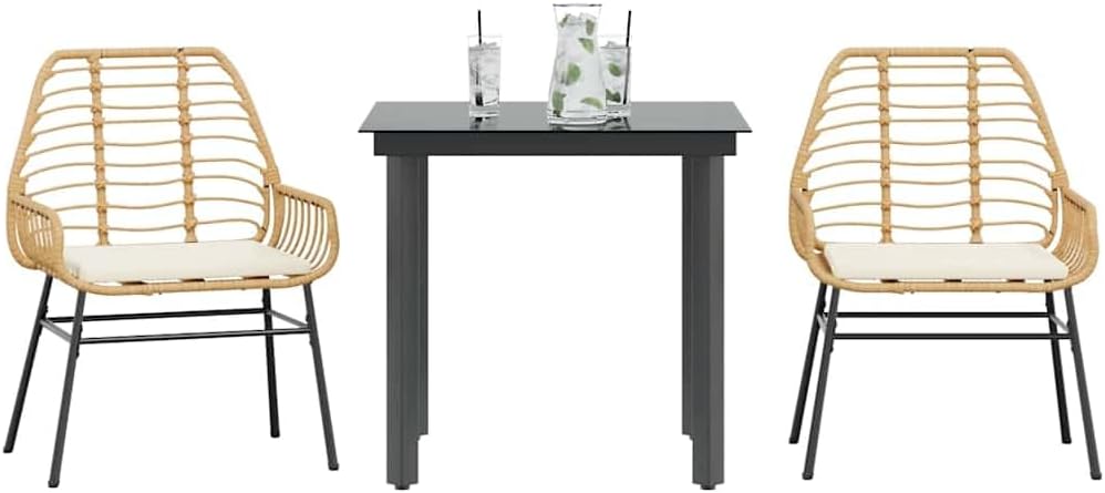 3-Piece Garden Dining Set, Brown PE Rattan, Tempered Glass Top, Comfortable Removable Covers, Outdoor Patio Balcony Furniture for 2 People