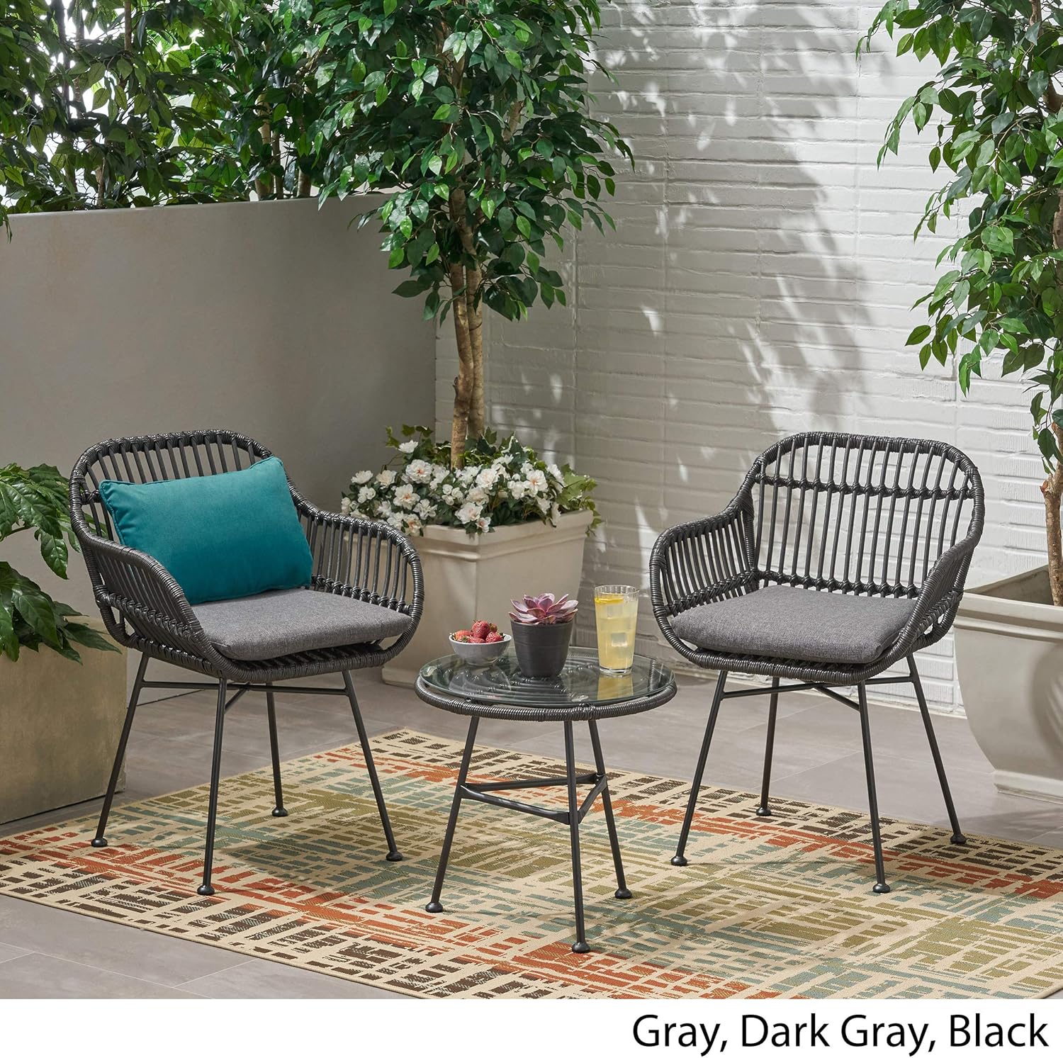 Great Deal Furniture GDFStudio Outdoor Faux Wicker 2 Seater Chat Set with Tempered Glass Table, Gray and Dark Gray
