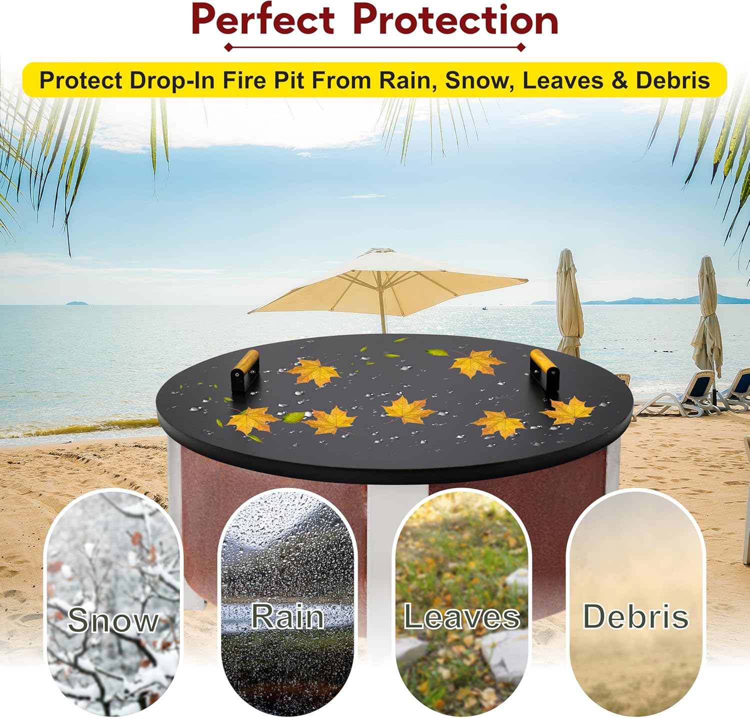 FEBTECH Solid Fire Pit Lid 35” - Fit for 34.5 Inch Smokeless Fire Pit - Carbon Steel Fire Pit Lid with Dual Wooden Handles & Powder Coating - Reliable Use as Garden Decor Fire Pit lid Accessories