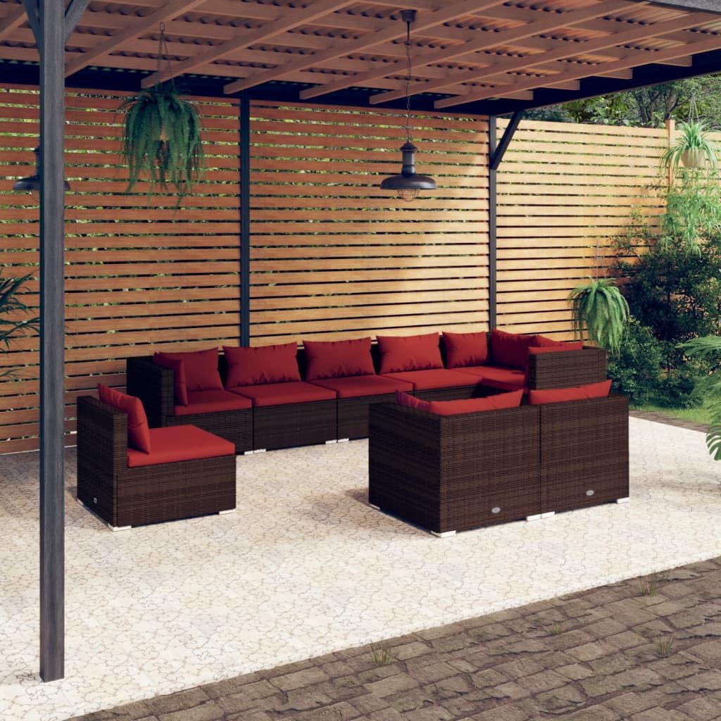 9 Piece Patio Lounge Set with Cushions Poly Rattan Brown,Premium Rattan Patio Lounge Set: Comfortable & Durable for Leisure Time Patio Furniture, Outdoor Furniture Sets