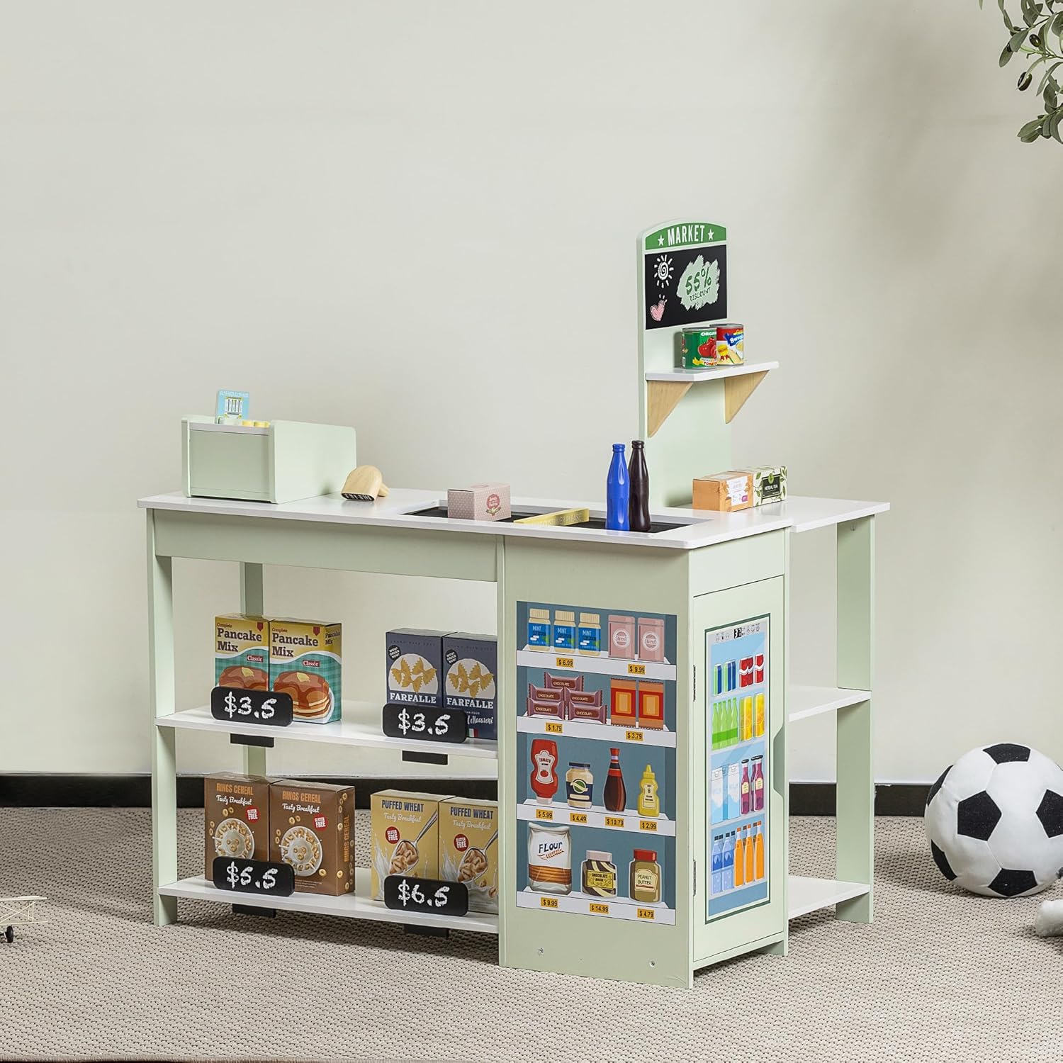 SainSmart Jr. Grocery Store Pretend Play, Wooden Play Store with Cash Register, Chalkboard, Cooler, Play Food Accessories, for Toddlers Aged 3+, Light Sage Green