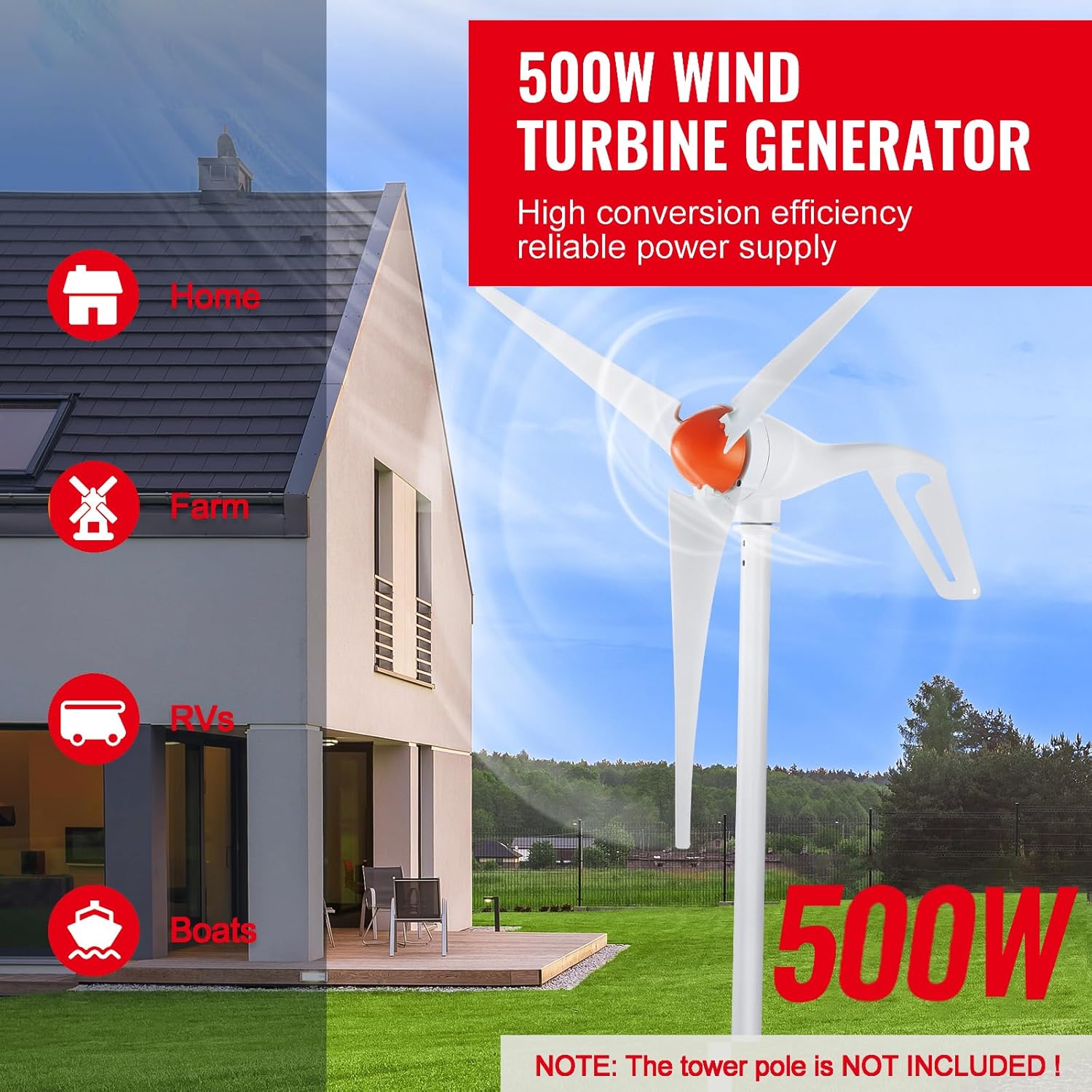 Happybuy 500W Wind Turbine Generator, 12V Wind Power Kit, 3-Blade Wind Generator with MPPT Controller, Adjustable Windward Direction, 2.5m/s Start Wind Speed, Ideal for Home, Farm, RVs, Boats