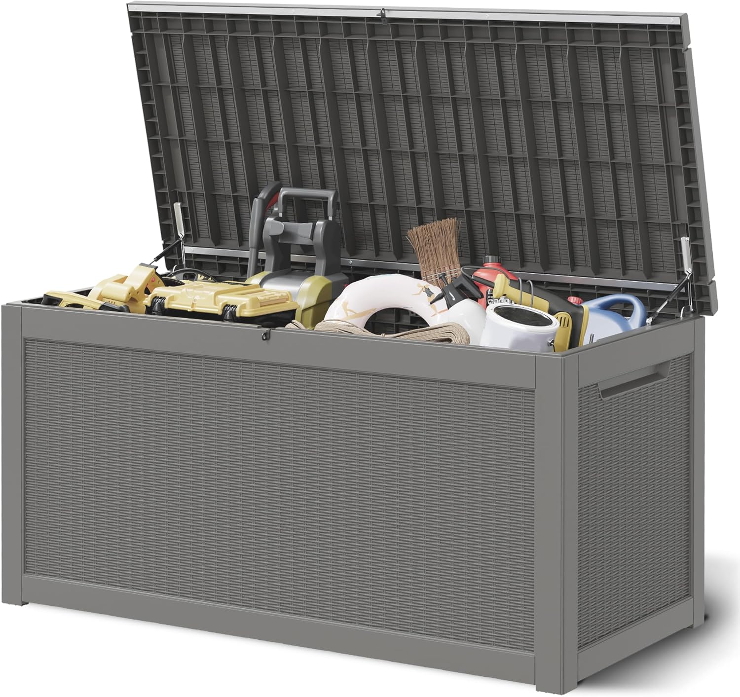 260 Gallon Large Resin deck box Waterproof,Outdoor Storage Bench,Patio Storage Box,Garden Tool Storage,Resin Large Sturdy Deck boxes with Double Wall Panels,Rattan Gray