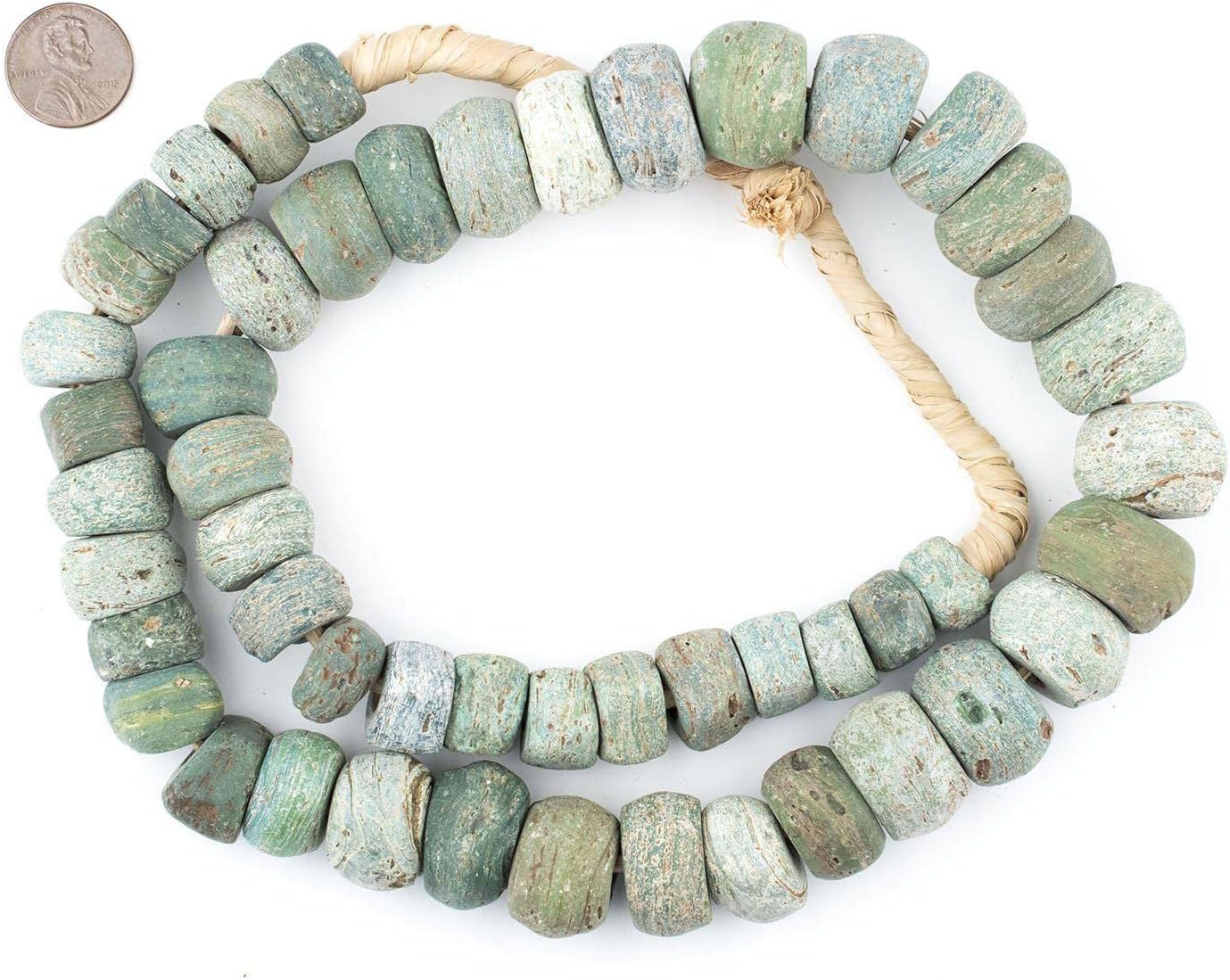 The Bead Chest Antique Green Hebron Kano Beads Natural 18mm West Africa African Cylinder Glass Large Hole 27 Inch Strand Handmade