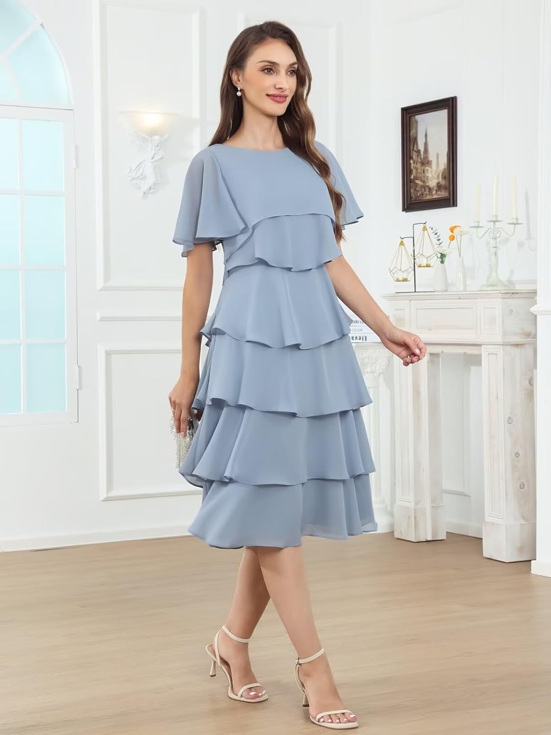 BANTRATIC Tea Length Mother of The Bride Dresses for Wedding Chiffon Women Crew Neck Tiered Formal Prom Cocktail Gown