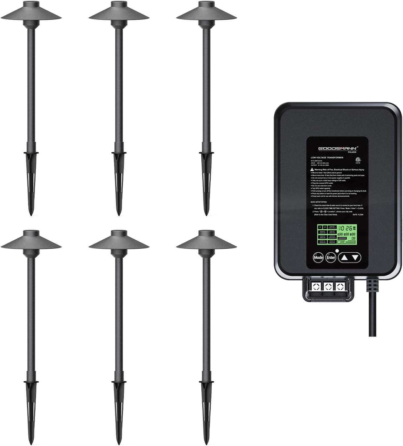 GOODSMANN Low Voltage Pathway Lights 6PK Kits 1.5W 120 Lumen with Outdoor Landscape Lighting 300W Transformer with Timer Built-in Photo Eye Sensor with 12V-15V AC Output Load Indicator