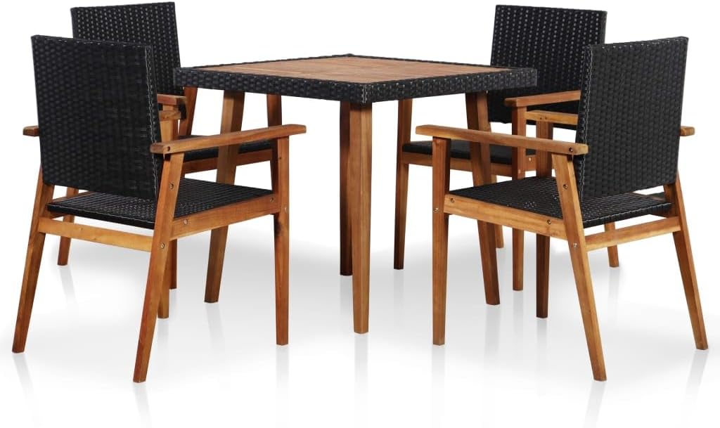 5 Piece Patio Dining Set Poly Rattan Black and Brown,Vintage Outdoor Poly Rattan Dining Set with Acacia Wood Table and Water Resistant Chairs for Garden and Patio Furniture Sets for Patio, Lawn & Gard