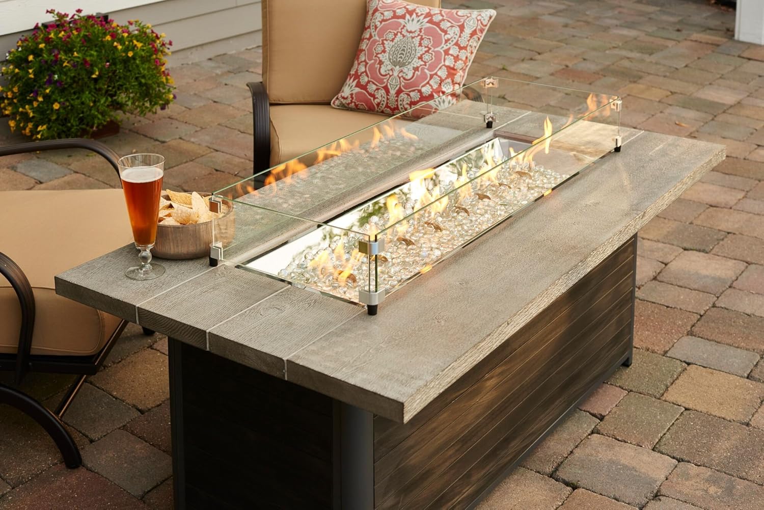 The Outdoor GreatRoom Company Cedar Ridge Linear Gas Fire Pit Table CR-1242-K with Glass Wind Guard 1242 (61