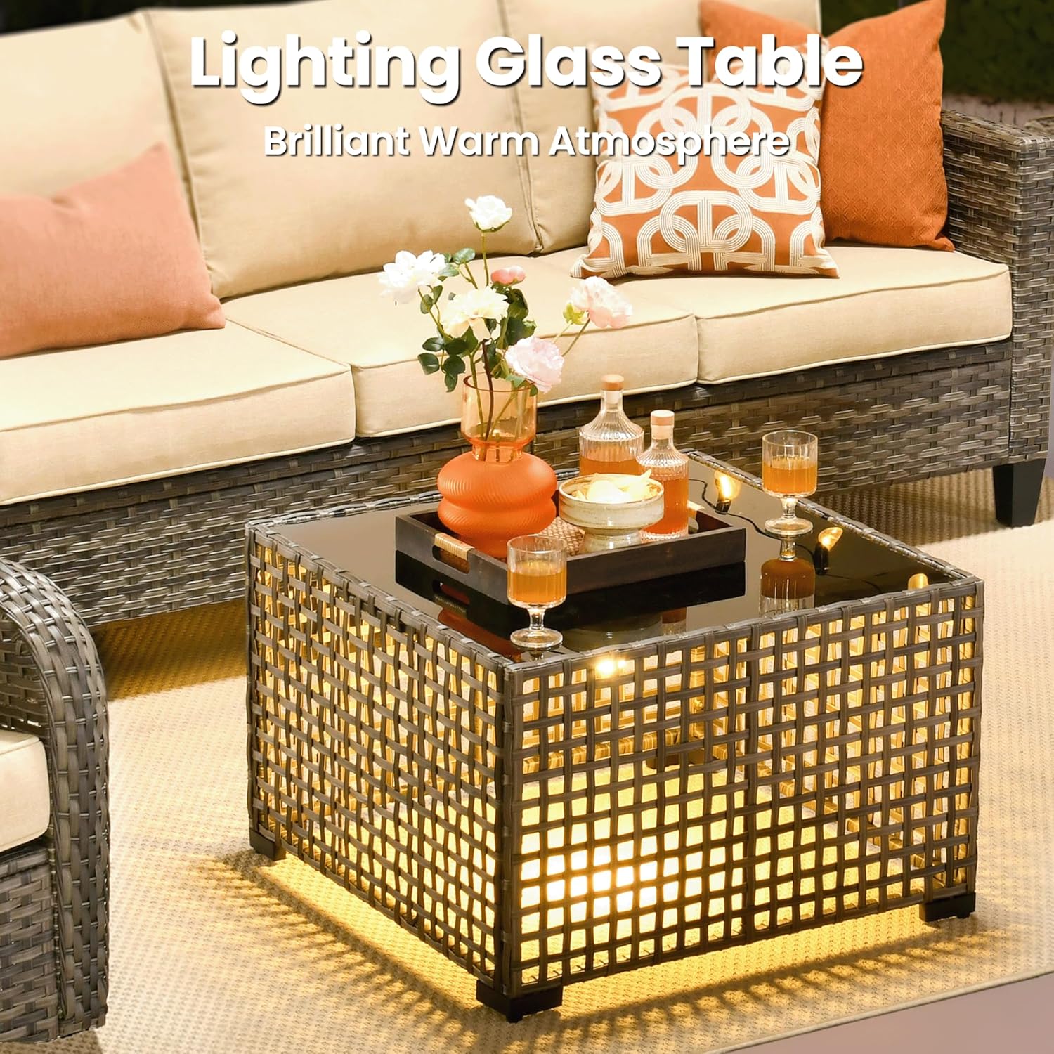 ovios 10 Pieces Patio Furniture Set, Outdoor Wicker Sofa Couch with Rocking Swivel Chairs Solar Lights Table Fire Pit, Modern Deep Seat Rattan Conversation Sets, Beige