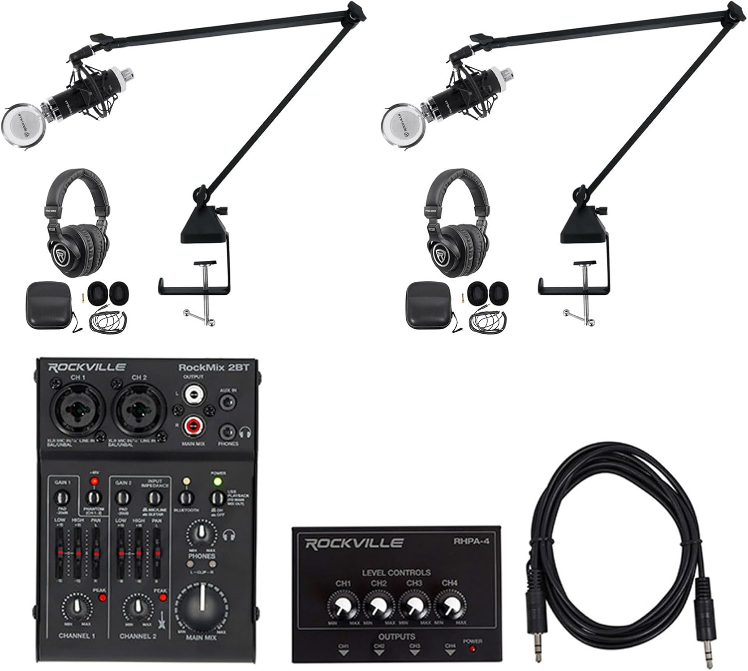 Rockville Bundle: RockMix 2BT Mixer Bundle with (2) RCM03 Mics & (2) PRO-M50 Headphones and RHPA4 Amp and TS1224 Cable & (2) R-BOOM 34 Boom Arms (9 Items)