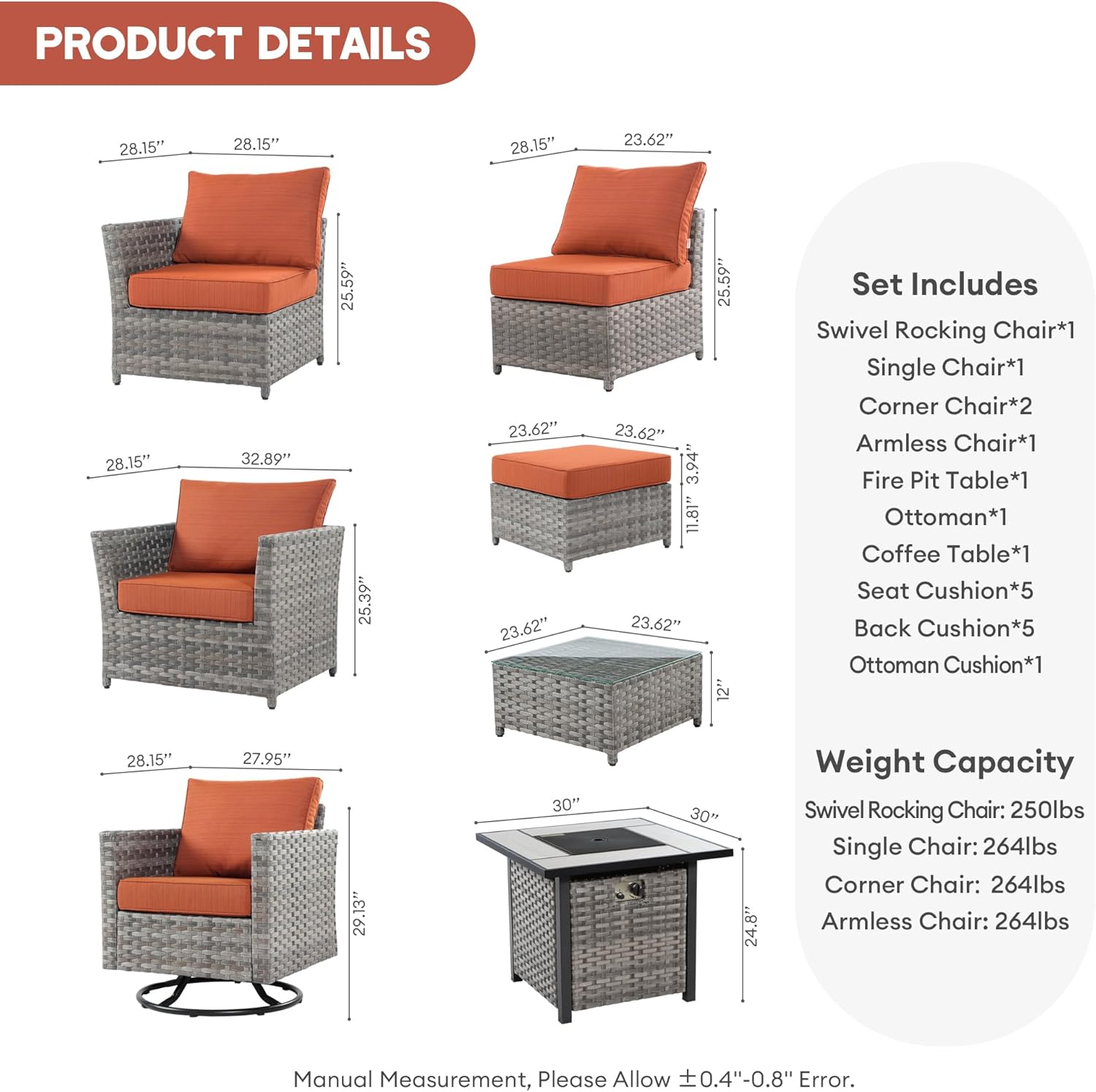 8 Pieces Patio Sectional Conversation Sofa Set, Wicker Outdoor Furniture Set with Swivel Rocker Chair and Square Fire Pit Table (Orange Red)