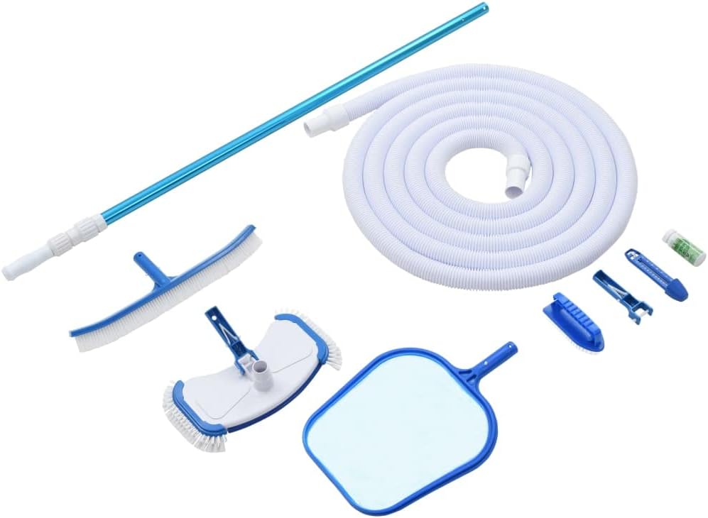 9 Piece Pool Cleaning Kit with Adjustable Pole and Weighted Vacuum, Includes Skimmer and Thermometer, White Hose