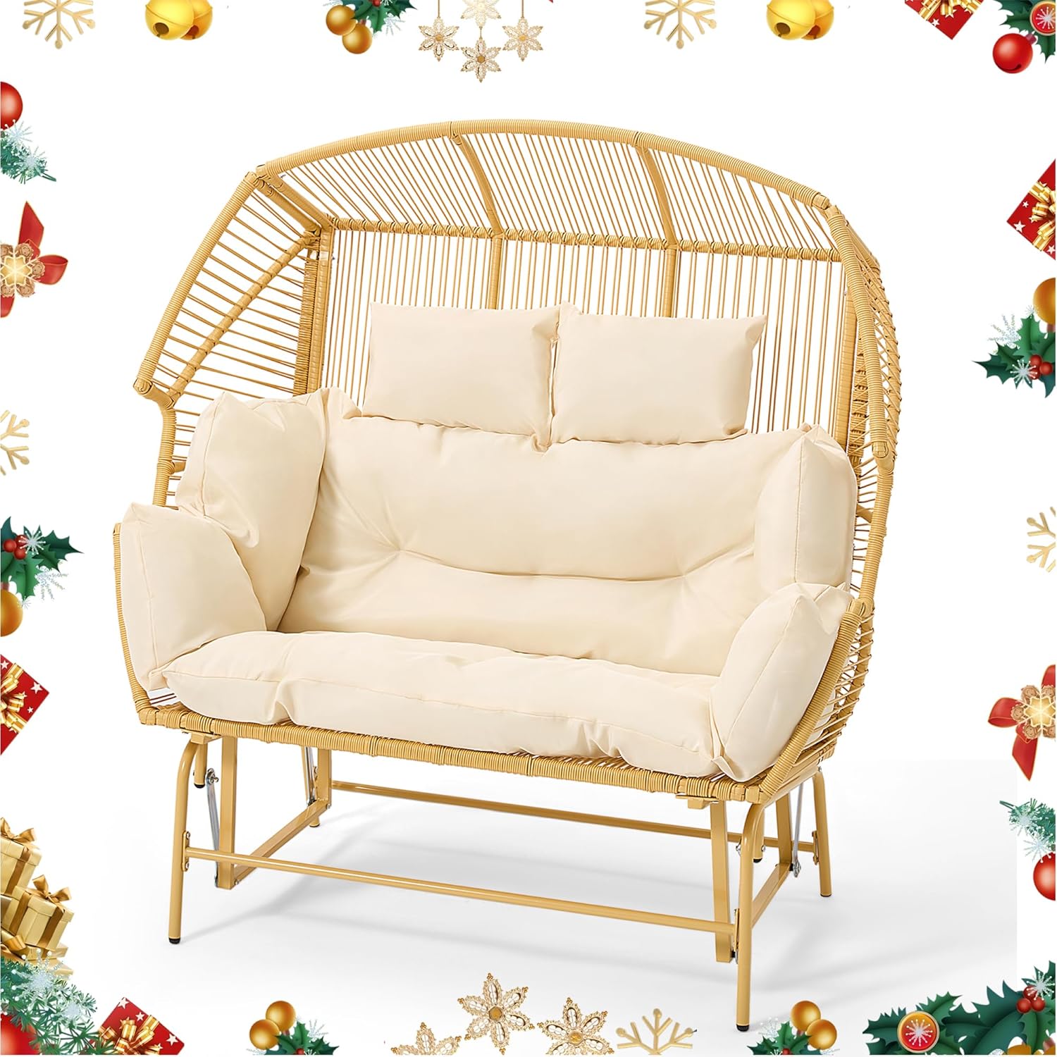 ECOTOUGE Patio Double Egg Chair, Indoor Outdoor Oversized Loveseat, 2 Person Extra Large Wicker Lounge Rocking Glider Chairs w/Thicken Padded Cushions and Pillow for Garden Balcony Sunroom, Yellow