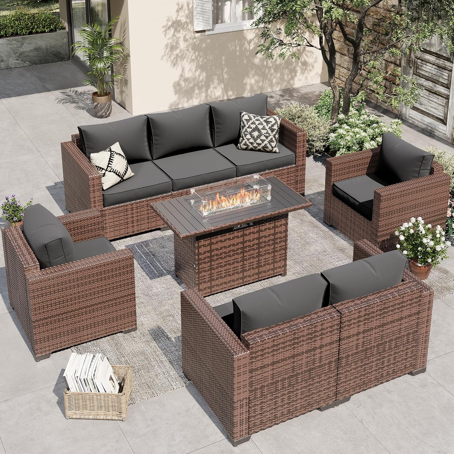 Patio Furniture Set with Fire Pit Table, 5 Pieces Outdoor Furniture Sets, Wicker Patio Conversation Sets w/Waterproof Covers for Backyard, Porch, Balcony, Poolside Dark Grey