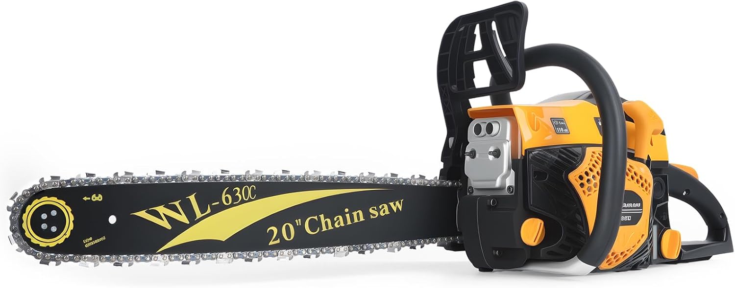 63CC Gas Chainsaw, 2-Cycle Engine Petrol Handheld Gasoline Chain Saw, 20 Inch Chainsaw with Ergonomic Handle, Small Vibration Cordless Logging Saw Woodworking Tool