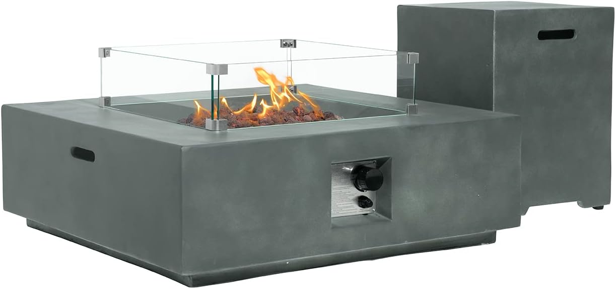 SUNBURY Outdoor Propane Fire Pit, Square Dark Green Gas Fire Pit 50,000 BTU, Fire Pit Table w 20 Gallon Tank Cover, Glass Wind Guard, Waterproof Cover, Without Fire Glass