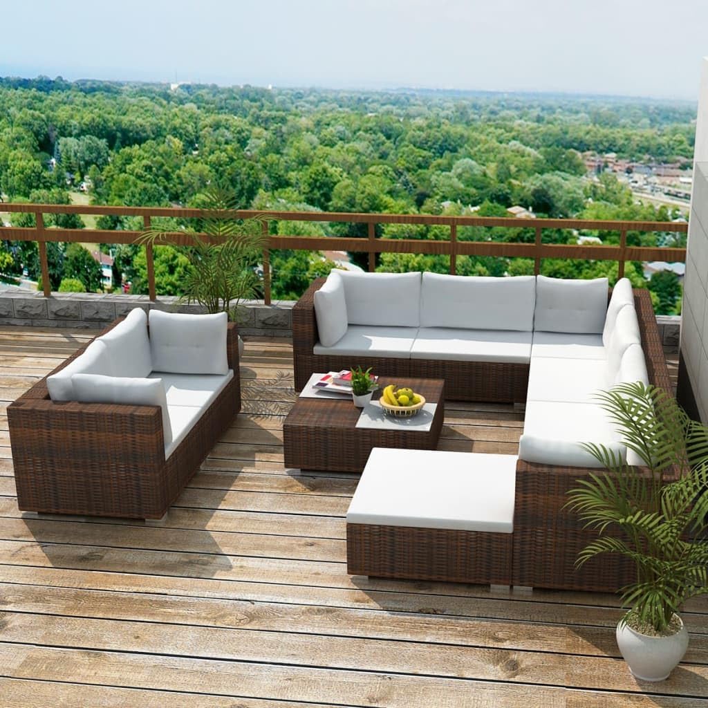 10 Piece Patio Lounge Set with Cushions Poly Rattan Brown Garden Furniture