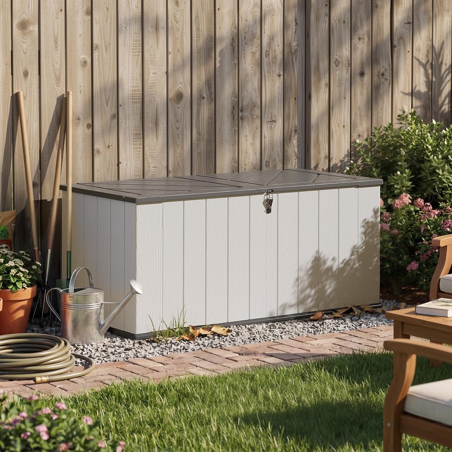 Aoxun 157 Gallon Outdoor Deck Box, Large Resin Storage Box with Lid, Waterproof & UV-Resistant Patio Storage for Cushions, Garden Tools, and Pool Accessories (White)