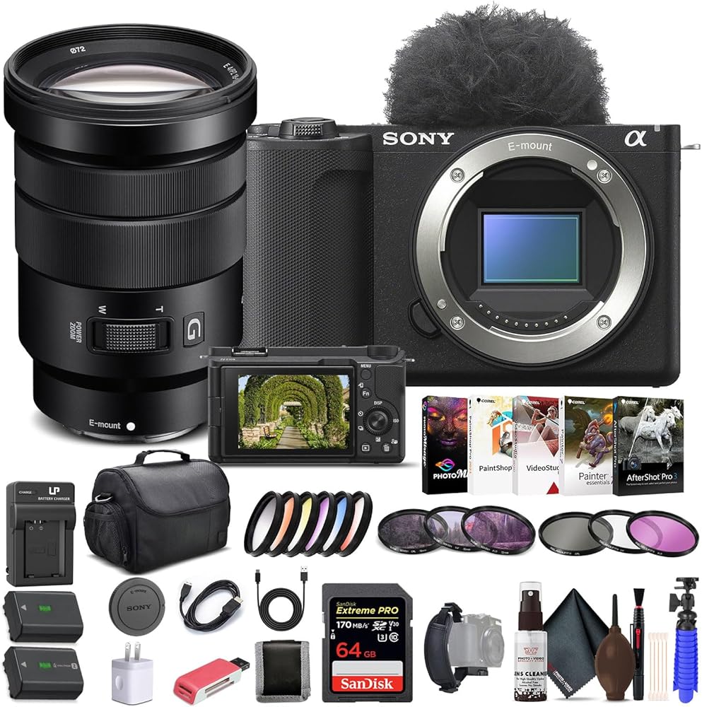 Sony Alpha ZV-E10 II Mirrorless Camera (Body Only, Black) (ZVE10M2KB), Sony 18-105mm Lens, 64GB Memory Card, Color Filter Kit, Filter Kit, Photo Software, Bag, NP-FZ100 Battery, More