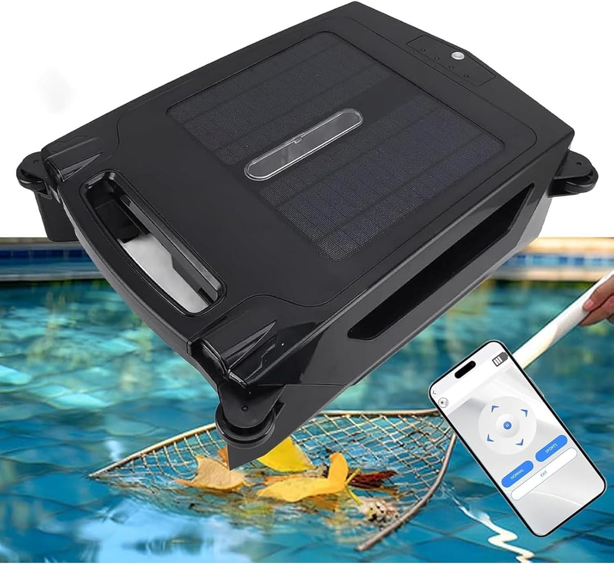 Solar Powered Automatic Robotic Pool Surface Skimmer Cleaner, Auto Obstacle Avoidance, App Control, Dual Charging (Solar/Adapter), 3.4l Large Debris Bag
