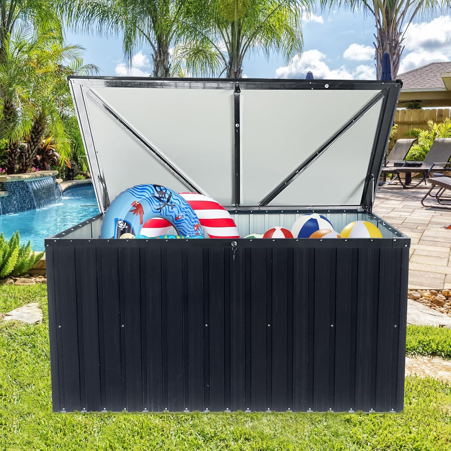 Outdoor Storage Box, 161 Gallon Waterproof Outdoor Deck Box with Lockable, Metal Storage Containers for Patio Furniture Cushions, Pool Accessories