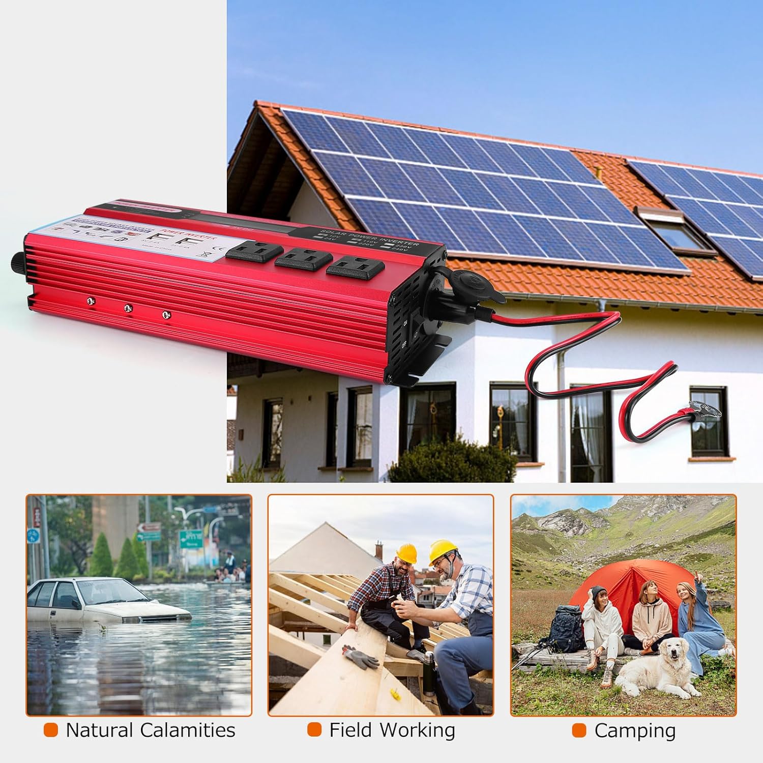 2000 watt Solar Power Inverter, Solar Power Inverter 12V DC to 110V-120V AC Converter with 3 AC Outlets 2 USB Charging Port, LCD Display for Off-Grid Solar Power System, RV, Truck, Home