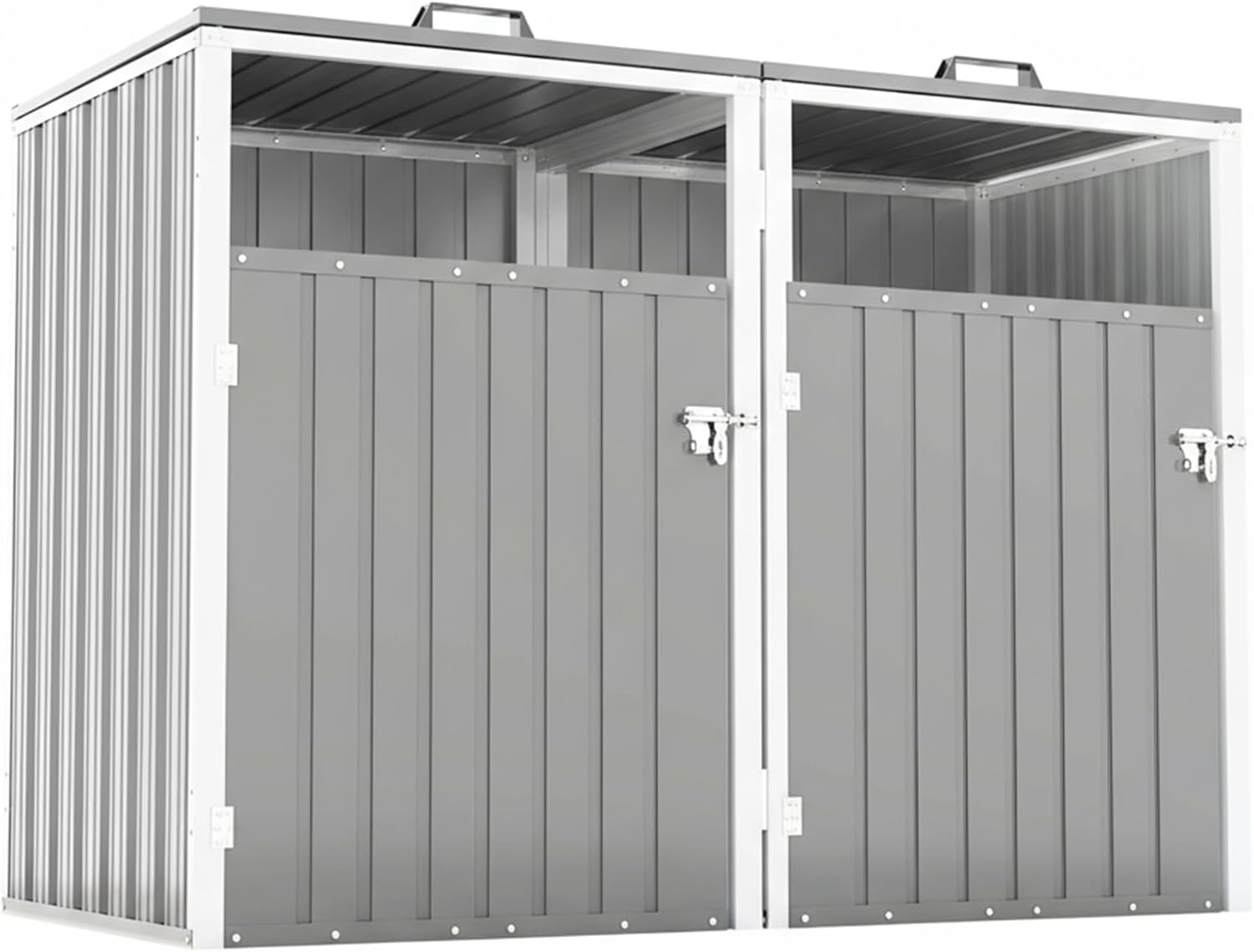 Outdoor Metal Trash Can Storage Shed for 2 Garbage Bins, Galvanized Steel Double Bin Enclosure with Lockable Doors & Hydraulic Lid, Garden Yard Storage Cabinet for Recycling, Light Gray