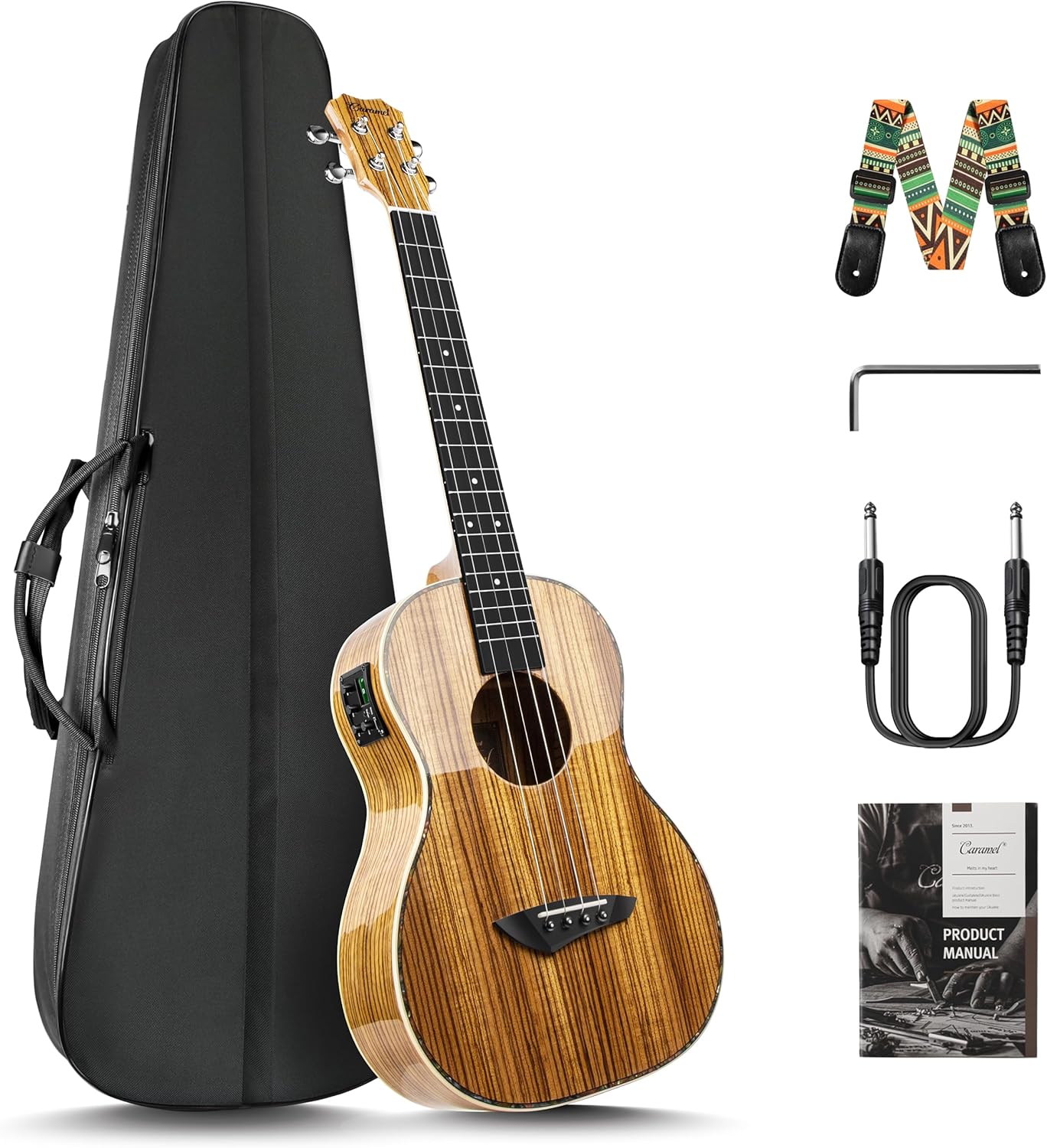 Caramel 30 inch CB103 Zebra wood High Gloss Baritone LCD color display Electric Ukulele Professional Ukelele Kit Beginner Travel Guitar Starter Pack Bundle, Padded Gig Bag, Strap Set