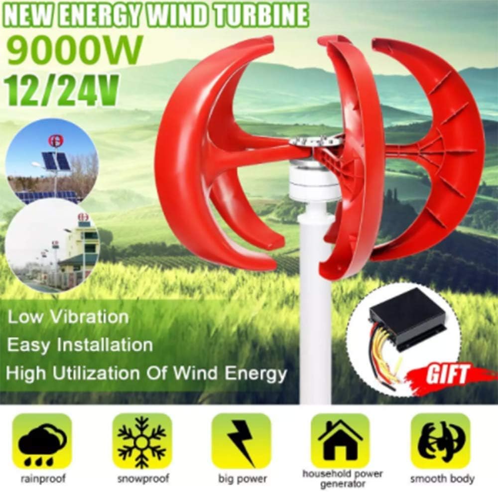 Red 9000W 5 Blades Vertical Axi Wind Turbines Generator Lantern 12V 24V Motor Kit Electromagnetic for Home Streetlight Use