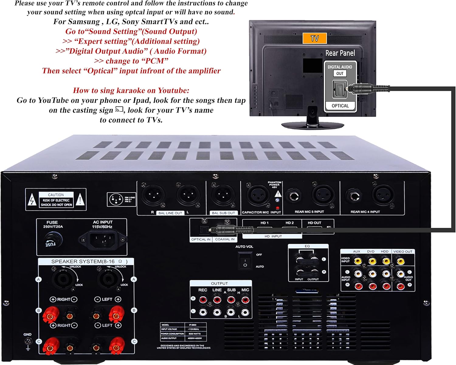 IDOLmain IP-6800 8000W Professional Digital Echo Console Karaoke Mixing Amplifier with 10 Band Equalizer, Phantom Power/HDMI/Optical Inputs