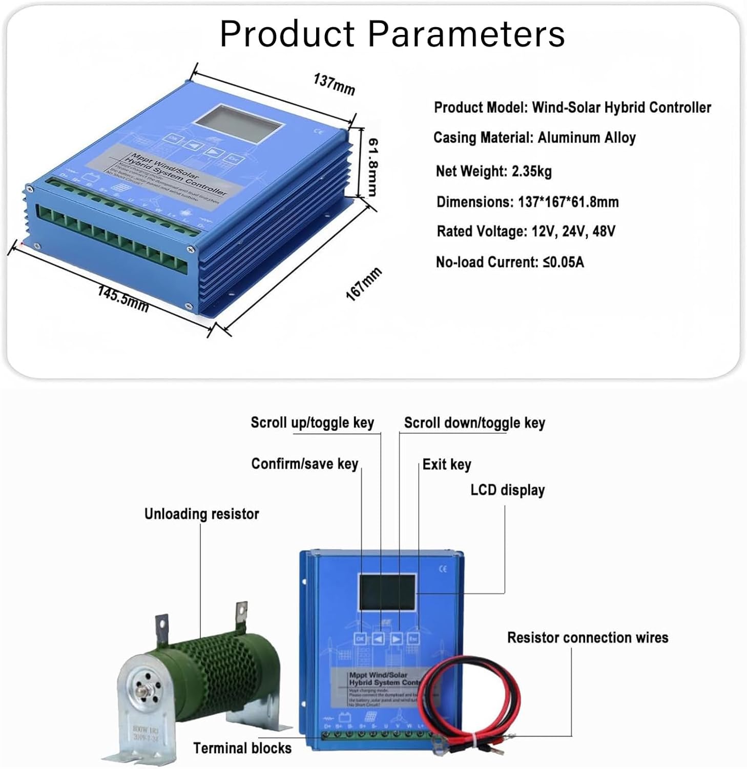 2000W Wind Solar Hybrid Charge Controller 12V 24V 48V MPPT Boost Charge Regulator with LCD Display and Dump Load for Home Street Light 12/24V