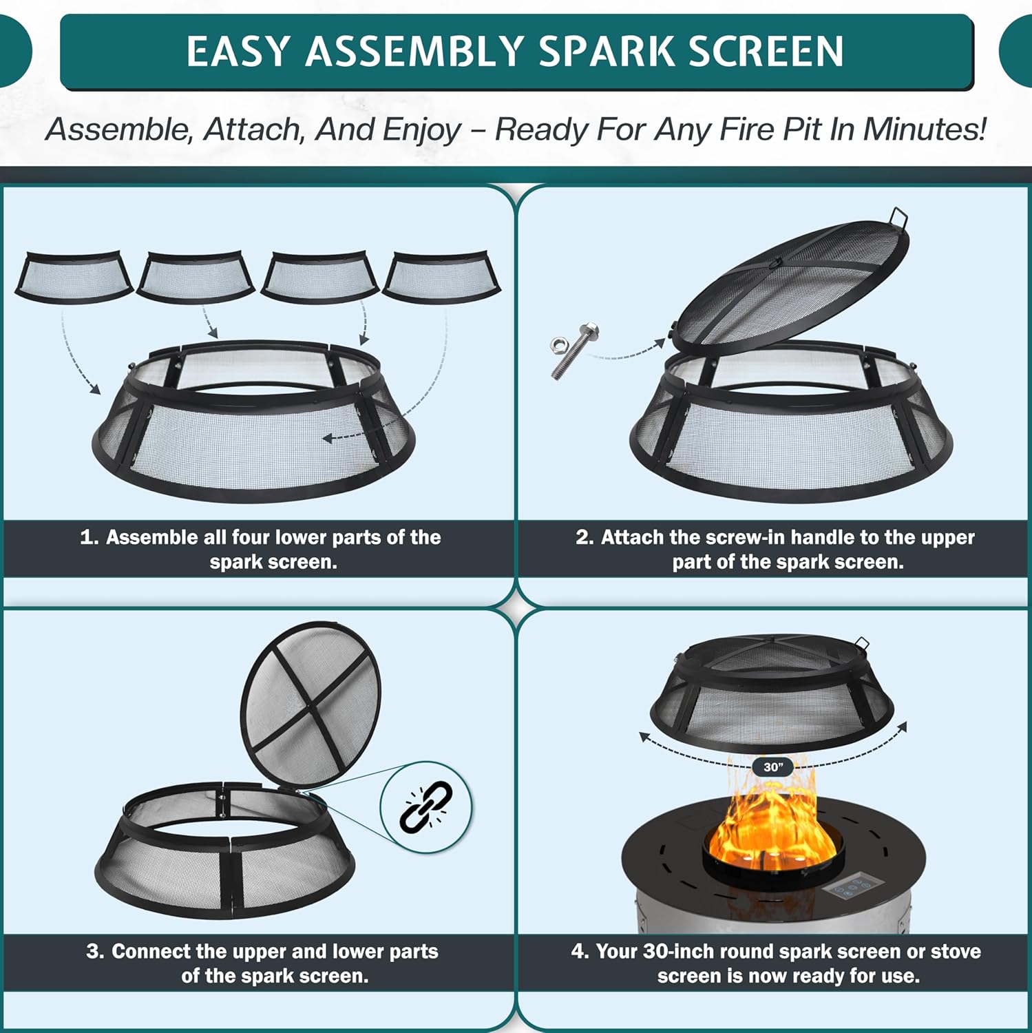 Febtech- Fire Pit Screen 30 inch Round - Heavy Duty Ember Arrester Fire Pit Spark Screen Steel Mesh Cover - FirePit Spark Screen Round with Hook for Outdoor Ring Cover & FirePit Insert