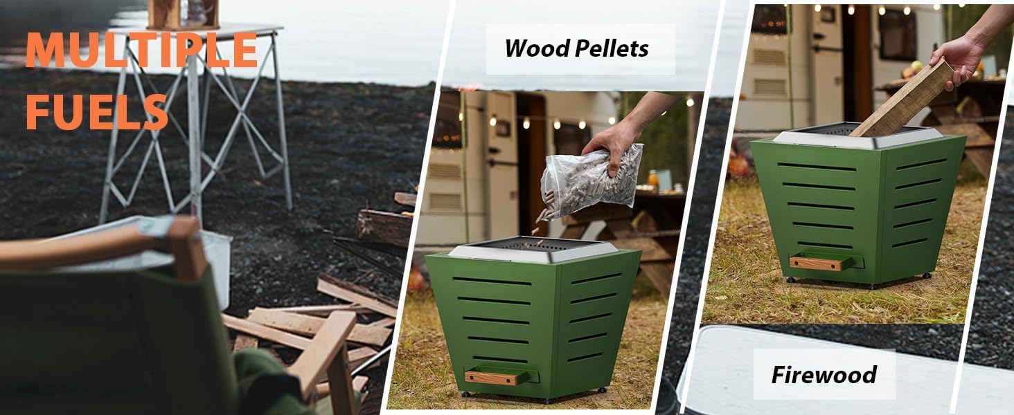 20 Inches Smokeless Fire Pit, Stainless Steel Wood Burning Fireplace for Outdoor Use, Portable Patio Firepit W/Pull-Out Ash Tray & Handles, Green (1 Door) (1 Doors)