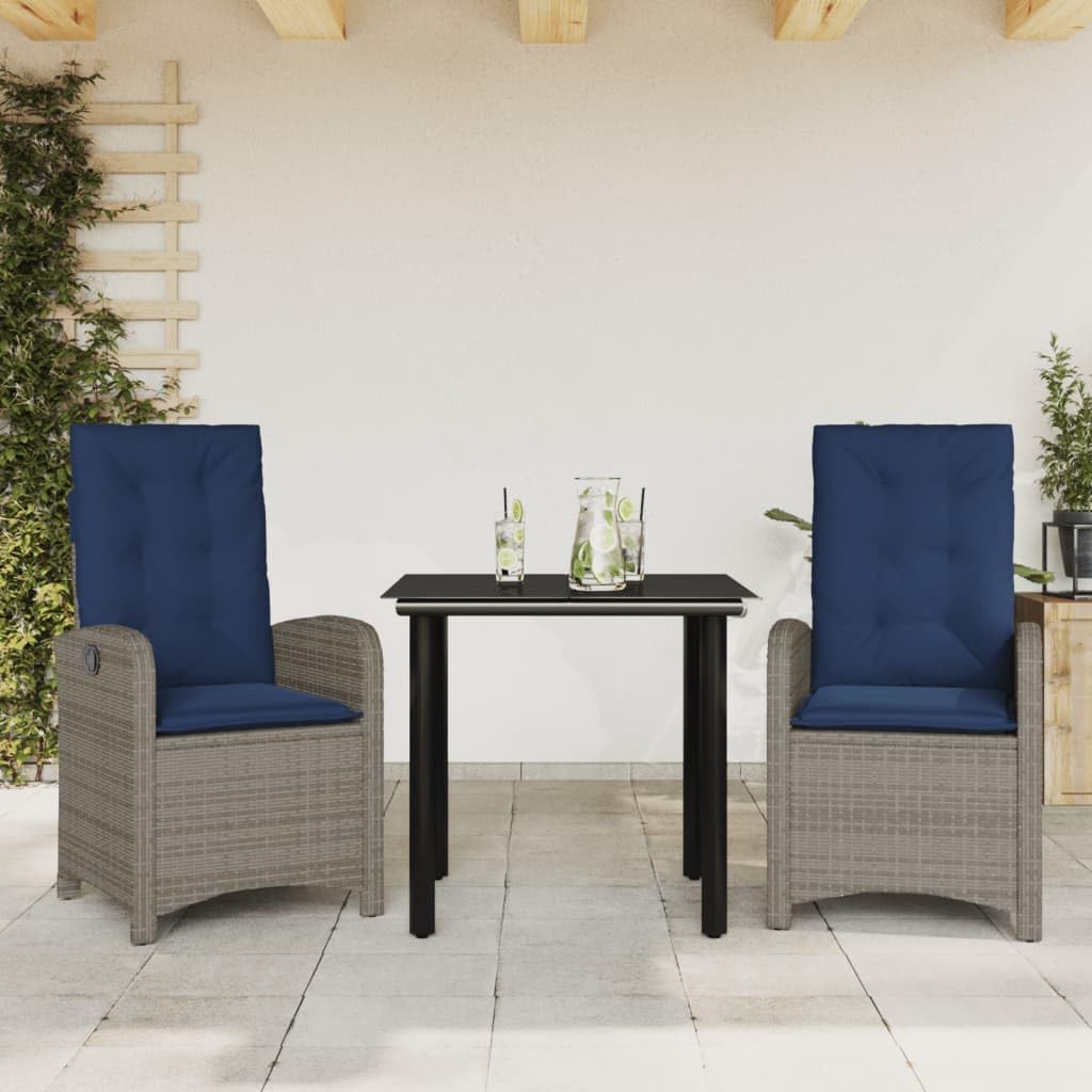 3 Piece Patio Dining Set with Cushions Gray Poly Rattan,Upholstered Rattan Dining Set with Adjustable Backrest for Outdoor Patio or Garden Furniture Sets for Patio, Lawn & Garden
