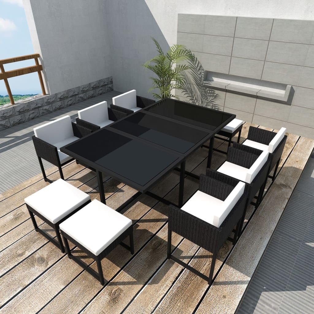 11 Piece Patio Dining Set with Cushions Poly Rattan Black,Modern 10Person Black Rattan Dining Set with White Cushions for Patio or Garden Furniture Sets for Patio, Lawn & Garden