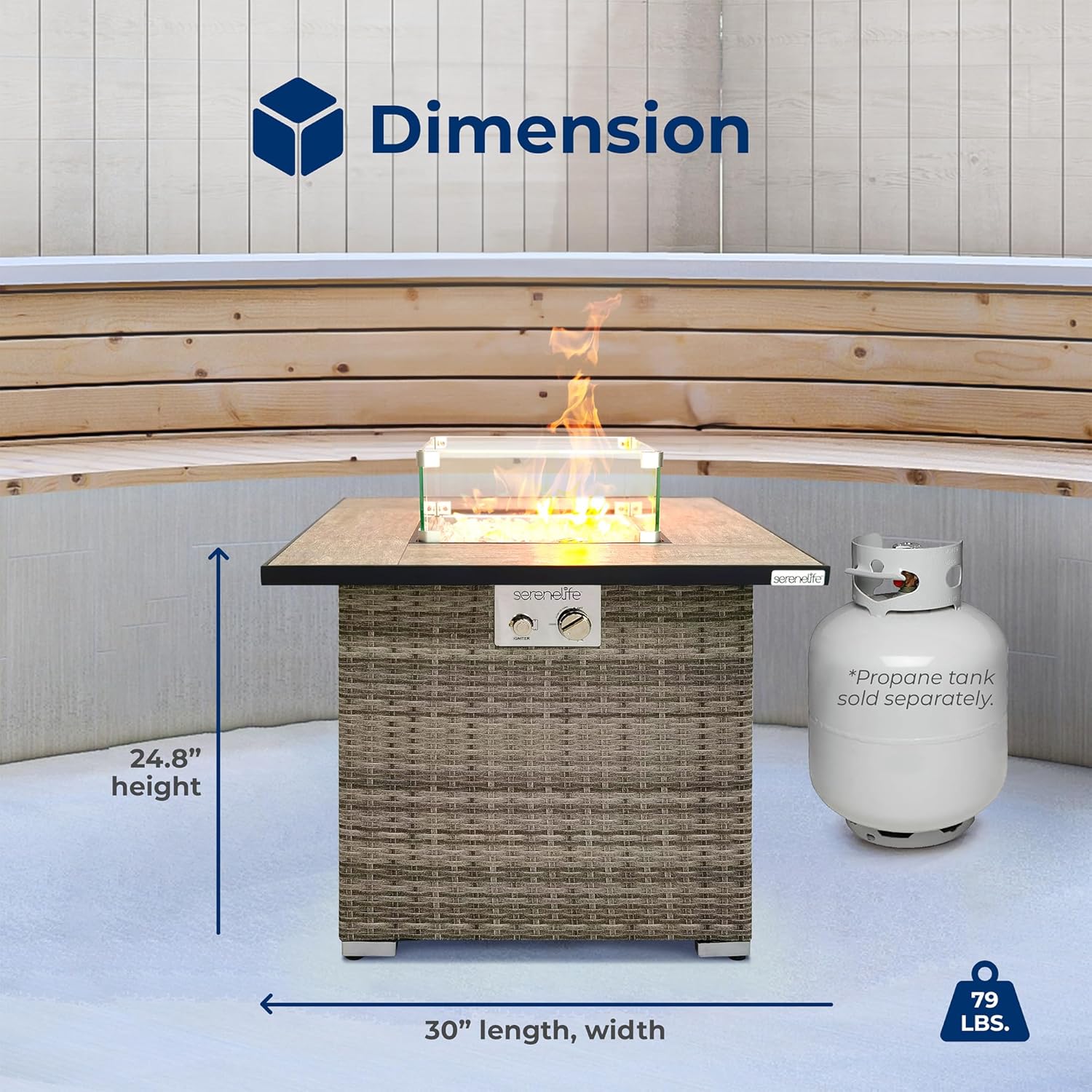 SereneLife Tabletop Propane Firepit, 30” Square Base Fire Table with Tile Tabletop & Clear Glass Rocks, 50,000 BTU, Stainless Steel Burner, Tempered Glass Wind Guard, Weather Resistant, 30”x30”x24”