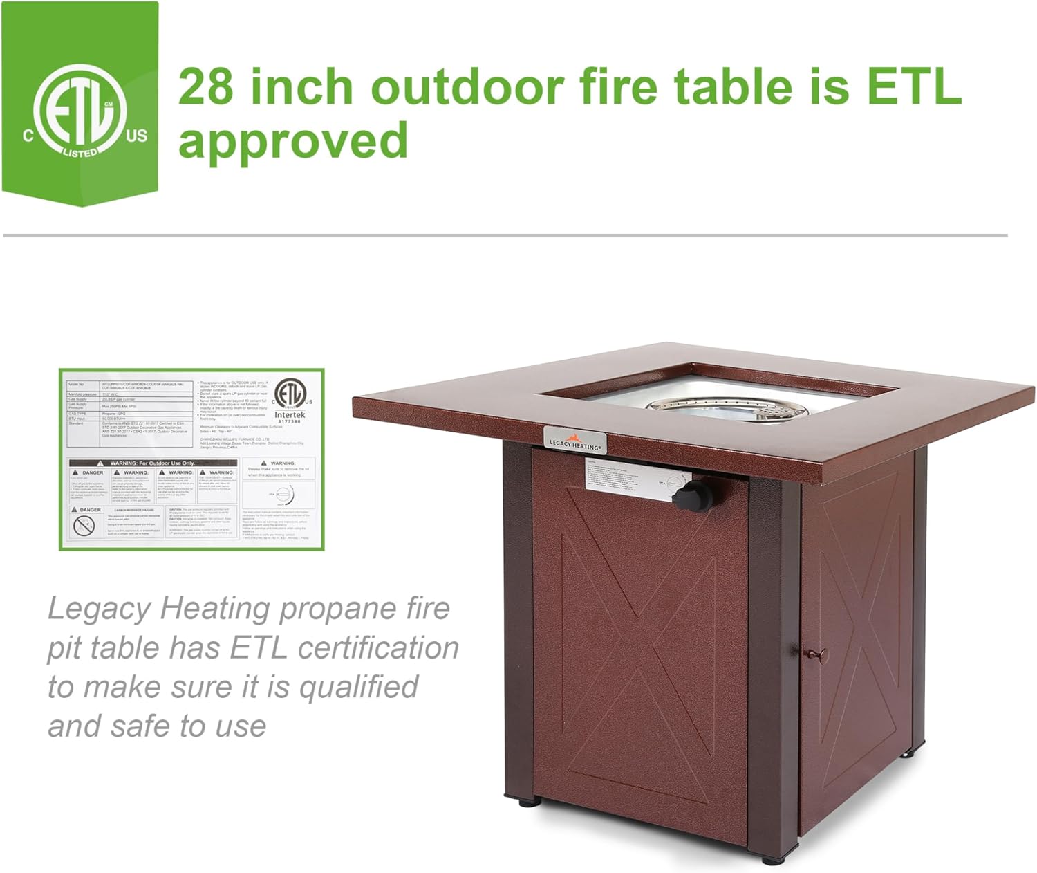 28 Inch Outdoor Propane Fire Pit Table, 50,000 BTU Square Gas Fire Table, Brown Hammered Gold Finish, Rust-Resistant Steel, Brown Finish, for Patio and Backyard Heating with Lava Rocks and Lid