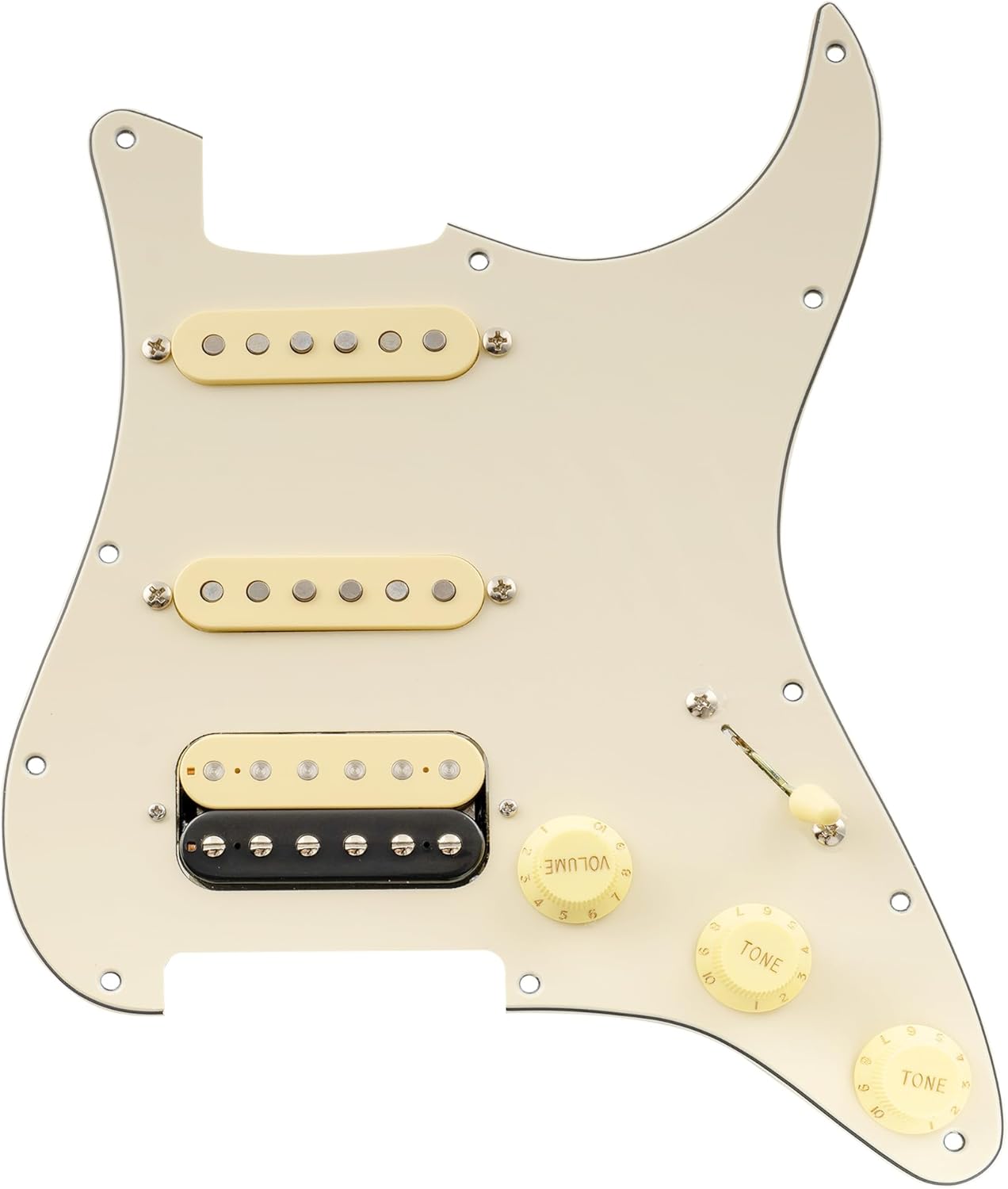 Musiclily Pro Auto-Split HSS Loaded Pickguard ST Prewired Pickguard with Artec Alnico 5 Single Coil Humbucker Pickups for American/Mexico Import Squier Strat Electric Guitar, 3ply Cream