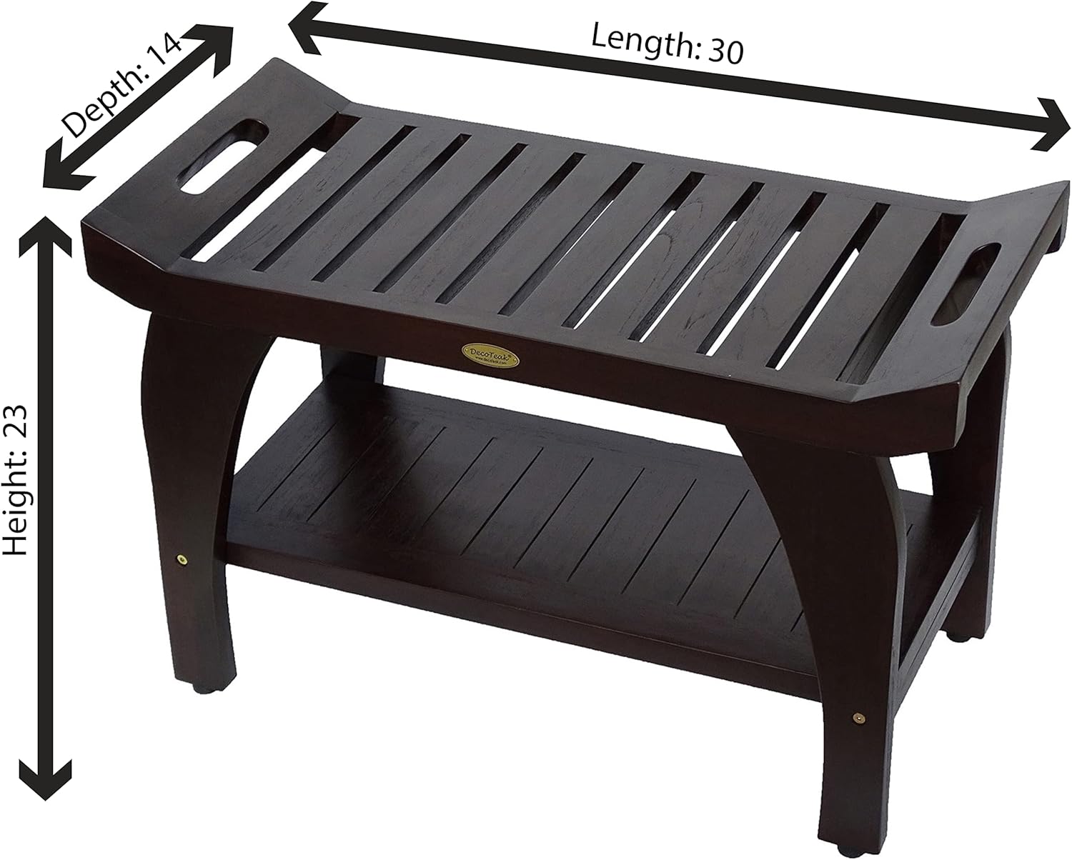 DecoTeak Tranquiity 30 Inch Brown Waterproof Teak Wood Shower Bench Stool Seat Chair for Inside Shower Provides Safety, Storage, and Organization for Bathroom Accessories