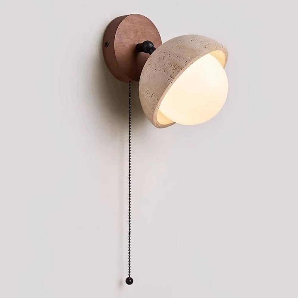 Wall Sconces with Milk Glass Shade Round Wall Mount Lamp with On Off Japanese Minimalist Lighting Fixture 1 Light Black Natural Stone Light Shade for Kitchen Bedroom Bathroom Vanity